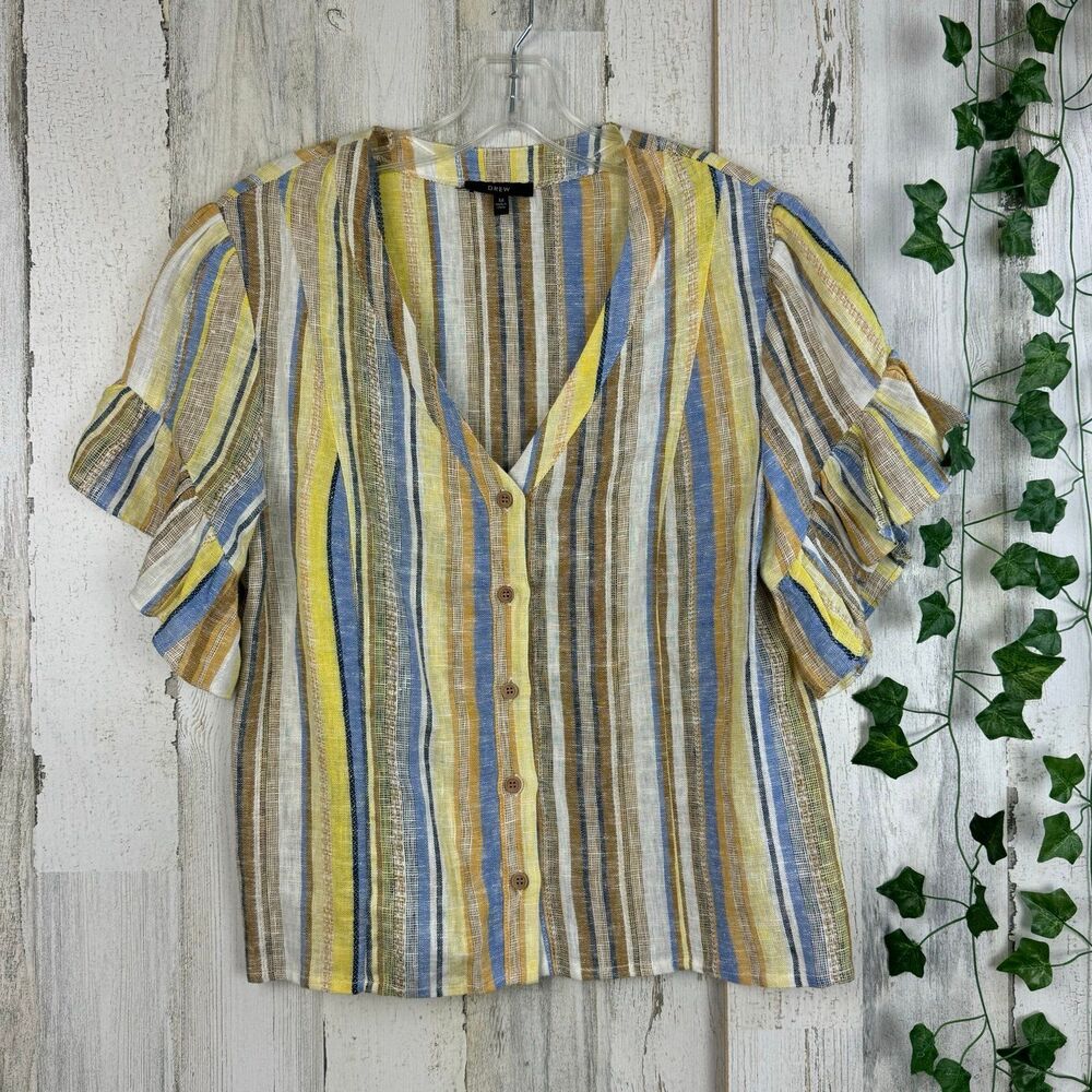 DREW Linen Blend Blouse Striped Ruffle Short Sleeve Blue Orange m